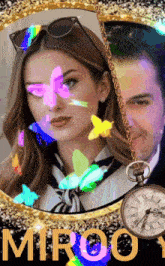 a picture of a man and a woman with a pocket watch that says miroo
