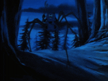 a giant spider is walking through a snowy forest at night
