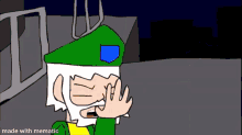a cartoon of a man with a green hat and a white beard covering his eyes with his hand .