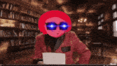 a cartoon character with a red head and blue eyes is holding a piece of paper in a library