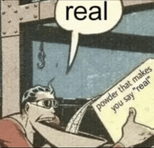a cartoon of a man reading a newspaper with a speech bubble that says real