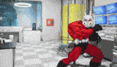 a pixel art drawing of a man in a red costume holding a gun