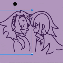 a drawing of two people kissing on a purple background with a circle in the middle