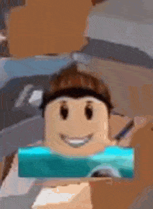 a close up of a roblox character holding a blue item and smiling .