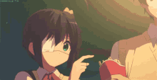 a gif of a girl pointing at a man with the hashtag ohmycelestia