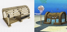 a picture of a crab trap next to a picture of the krusty krab restaurant