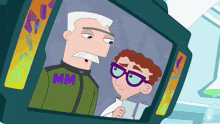a cartoon character with a shirt that says mm on it