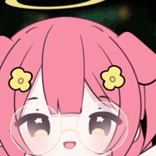 a cartoon girl with pink hair and glasses has a yellow flower in her hair