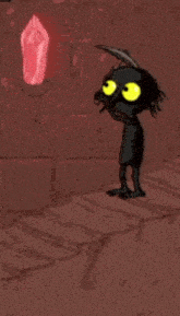 a cartoon character is standing in front of a red crystal in a dark room .