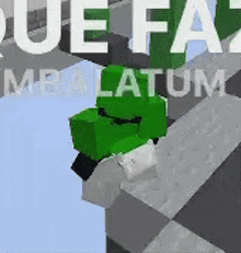 a green minecraft character is sitting on top of a concrete wall .