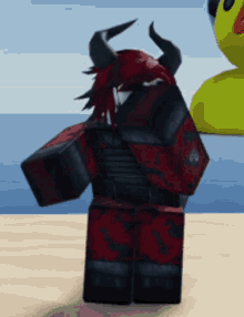 a cartoon character with red hair and horns is standing on a beach