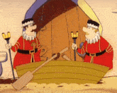 a cartoon of two men in a boat with oars .