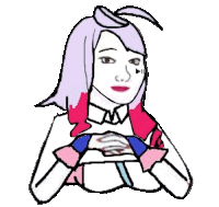 a cartoon drawing of a girl with purple and pink hair holding a remote control .