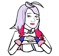 a cartoon drawing of a girl with purple and pink hair holding a remote control .