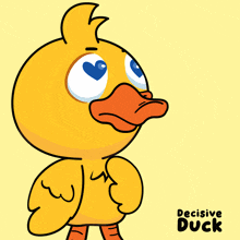 a cartoon of a duck holding a gift box with the words " happy decisive duck " on the bottom