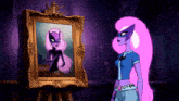a cartoon character is looking at her reflection in a picture frame