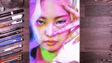 a drawing of a woman 's face surrounded by colored pencils