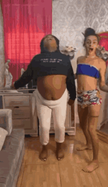two women are dancing in a living room .