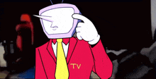 a cartoon character with a tv head and a red suit