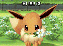 an eevee is holding a flower in its mouth in a field .
