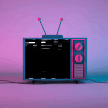 a blue and pink television with a purple background and the numbers 0 and 1 on it