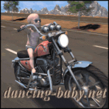 a picture of a baby on a motorcycle with the website dancing-baby.net written below it