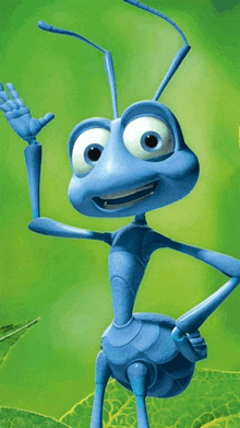 a blue cartoon ant is standing on a green leaf and smiling