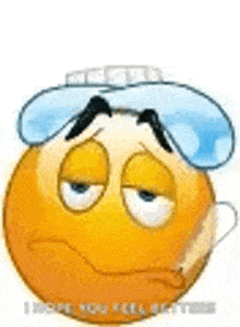 a cartoon smiley face with a thermometer in his mouth and a ice pack on his head .
