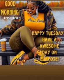 a woman sits on a bench with a cup of coffee and the words " good morning sunshine " above her