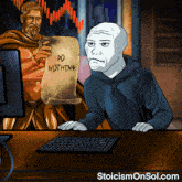a cartoon of a man holding a scroll that says do nothing on it