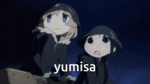 two anime characters standing next to each other with yumisa written on the bottom right