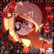 a picture of a cartoon character with hearts and the word love