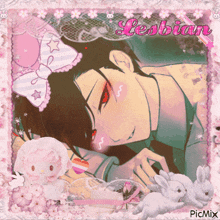 a picture of a girl with the word lesbian in pink letters