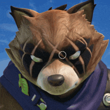 a close up of a furry animal 's face with a blue scarf around its neck