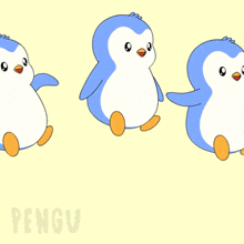 three blue and white penguins on a yellow background with the word penguin on the bottom