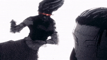 a black and white drawing of a man with red eyes and the word ninja on the bottom left