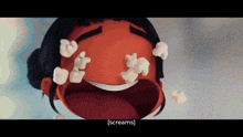a cartoon character with popcorn coming out of his mouth and the words screams below it