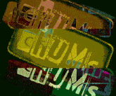the word drums that is on a green sign