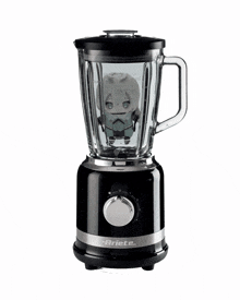 a black ariete blender with a doll inside of it