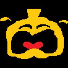 a pixel art drawing of a yellow pumpkin with a red heart in its mouth