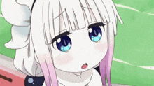 a close up of a cartoon character with blue eyes and white hair .