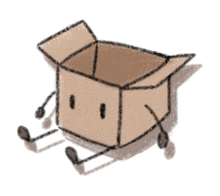 a drawing of a cardboard box with a face and legs