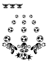 a black and white drawing of soccer balls and trophies with chivas on the bottom