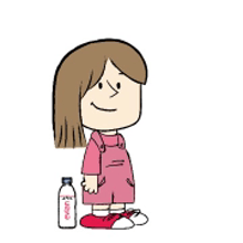 a cartoon of a girl standing next to a bottle of evian water