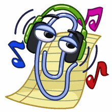 a cartoon drawing of a paper clip wearing headphones on a piece of paper