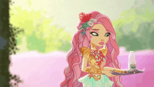 a cartoon girl with pink hair is holding a bottle