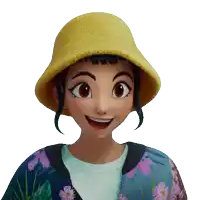 a cartoon character wearing a yellow hat and a jacket with flowers on it