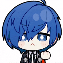 a cartoon character with blue hair and a white face
