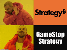 a man in a red jacket is making a peace sign in front of a game stop strategy logo