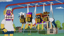 a group of cartoon characters are hanging upside down on a monkey bars in front of a globe building